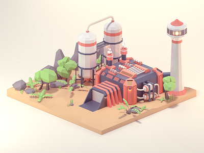 Factory 3d 3d art factory illustration lowpoly plants rock