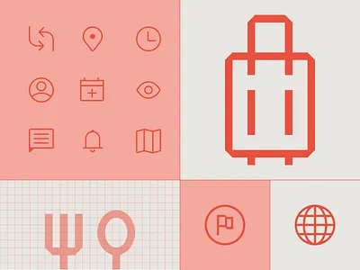 Allcall System Icons allcall brand calendar clock flag food grid icon icon set iconography identity luggage map message notification restaurant site time travel user