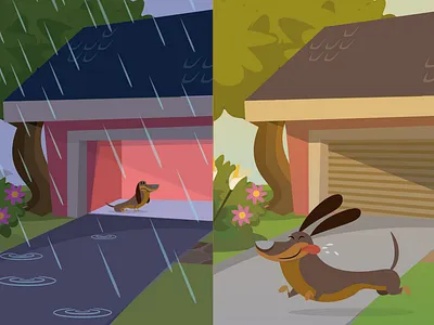 English for kids cartoon character children dog flat garage house illustration kids book midcentury modern midcentury opposites pet vector weather