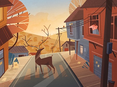 Deer 2d illustration character character design city deer fireart fireart studio happy home house illustration landscape man raindeer sky skyline town townhouse tree window