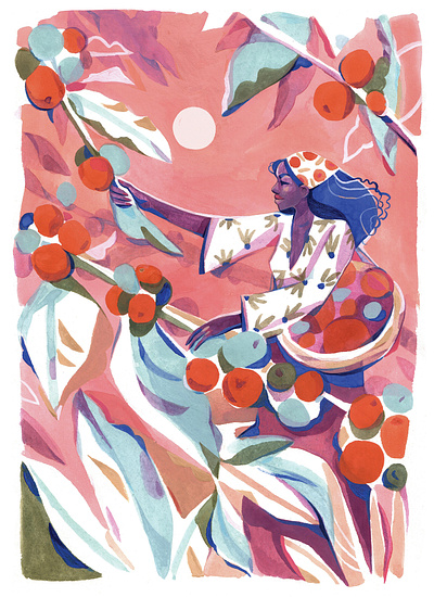 Coffee poster illustration - 01 coffee gouache illustration painting plant woman