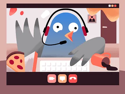 Pablo the Newsletter Pigeon affinity designer character home office illustration newsletter pigeon pizza quarantine skype