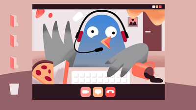 Pablo the Newsletter Pigeon affinity designer character home office illustration newsletter pigeon pizza quarantine skype