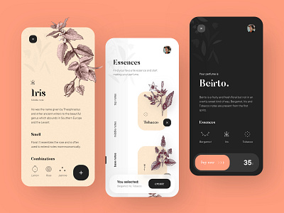 Grenouille : create your perfume app aromatic buy concept create design detail draw dribbble essence floral illustration order organic perfume plant shot slide swipe ui