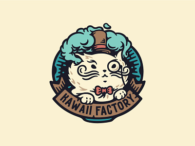 Kawaii Factory cat cute factory hat illustration kawaii label mustache smoke vintage