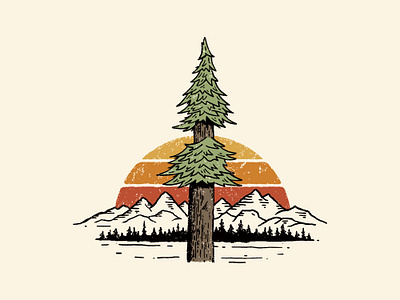 Redwood tree illustration for Woodline Apparel apparel branding california camp design drawing forest horizon illustration mountain outdoor pinetree redwood retro sunset tree vintage