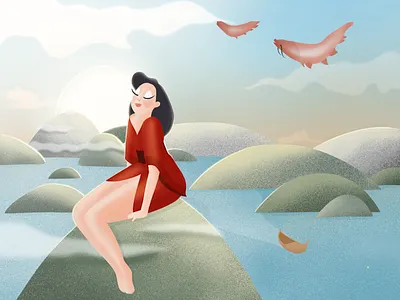 Red Kimono fish fishes flying illustration japanese kimono lake landscapes mountains procreate view woman