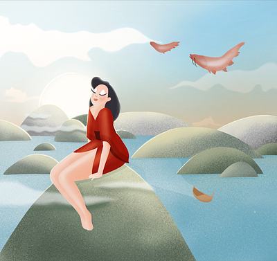 Red Kimono fish fishes flying illustration japanese kimono lake landscapes mountains procreate view woman