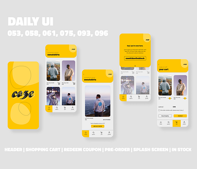 Clothing App // Daily UI Challenge clothing app currently in stock dailyui 053 dailyui 058 dailyui 061 dailyui 075 dailyui 093 dailyui 096 dailyuichallenge header design header navigation in stock mobile design online shop pre order redeem coupon shopping app shopping cart splash page splashscreen