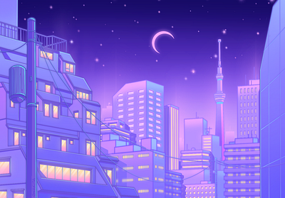 Tokyo Nights 80s aesthetic anime city illustration japan japanese art lavender pastel sailormoon