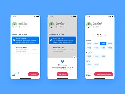 Video visit app app design appointment booking calendar checkout description doctor health icon ios medical mobile product detail rating review schedule time timetable ui