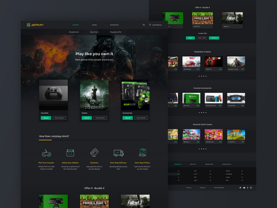 JustPlayy - Landing Page branding dark theme dark ui design gaming gaming website icon logo rental typography ui ux web design web ui website