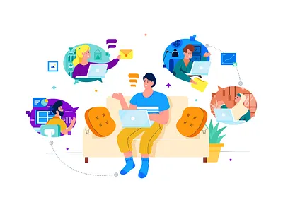 Work From Home Illustration call character character design characters email flat design flat illustration freelance freelancer gradient header illustration team teamwork vector videocall work workfromhome