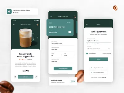 Coffee Delivery App - Product, Sign in, Cart coffee coffee bean coffee shop mobile mobile app mobile design mobile ui payment product page sign in ui kit