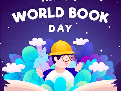World book day with man reading background design illustration