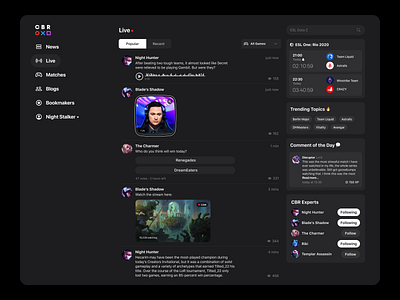 CBR Esports Platform - Web UI - Live dark dashboard esports feed live modular ui uiux user interface ux web website