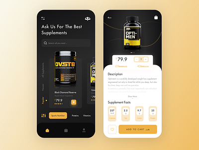 Sports Supplements adobe app appdesign body building bodybuilding cart dark design diet fitness app food gym nutrition sport sports sports design supplements ui ui design xd