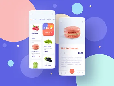 Foodstuffs Shopping Mobile App Freebie 🍑 2020 trend app clean colorful design ecommerce fruit fruity light macaroon neumorphic neumorphism online shop orange pink purple skeuomorphic skeuomorphism ui vegetable