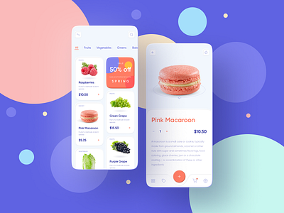 Foodstuffs Shopping Mobile App Freebie 🍑 2020 trend app clean colorful design ecommerce fruit fruity light macaroon neumorphic neumorphism online shop orange pink purple skeuomorphic skeuomorphism ui vegetable