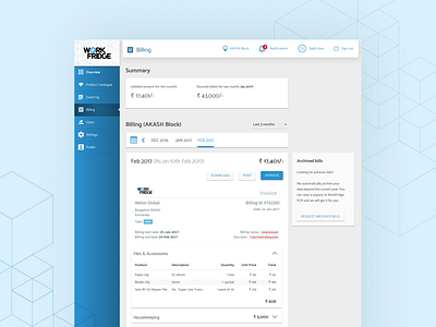 Work Fridge | Billing Overview billing blue customer experience design management tool overview saas saas design simple simple clean interface ui uidesign ux workfridge