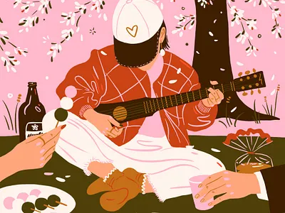 Hanami beer cherry blossom guitar hanami illustration japan japanese culture japanese food kawaii mochi music pink procreate sakura shochu spring かわいい 日本 花見
