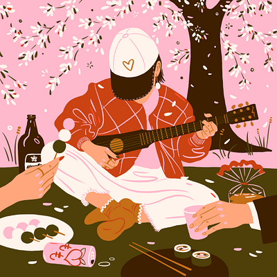 Hanami beer cherry blossom guitar hanami illustration japan japanese culture japanese food kawaii mochi music pink procreate sakura shochu spring かわいい 日本 花見