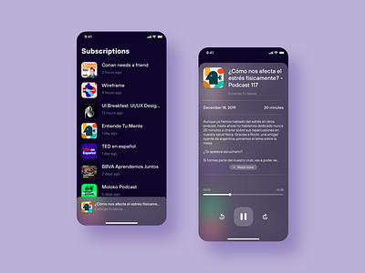 Podcast Player adobe xd app blur description interface list mobile pause play player podcast subscriptions ui ux