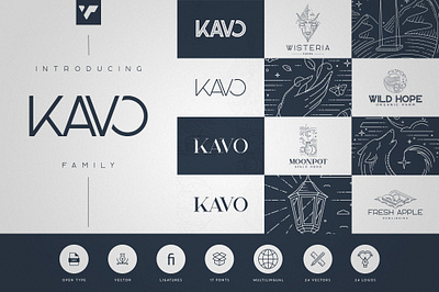 Kavo family - 17 fonts + 24 logos brand bundle creative design font inline logo logo template sans serif serif serif styled vector
