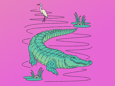 Alligator alligator animal art bird design flat flowers gator illustration line illustration lotus swamp tropical vector