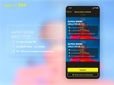 Daily Ui 054 - Confirm Reservation app checkout concert confirm confirm reservation confirmation daily 100 challenge daily ui daily ui 054 dailyui dark dark ui design order reservation tickets ui ui design uidesign ux
