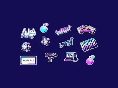 gaming stickers 2d branding esports gaming gradient illustration neon stickers typography vector
