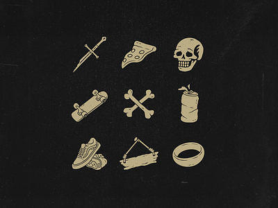 Personal branding icons black branding crossbones death design distressed handdrawn icons illustration personal branding pizza ring skateboard skull sword tin can vector