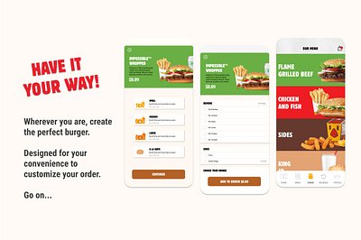 Burger King Mobile App Redesign cont. burger burger king burgers clean design colorful combo customize fastfood figma food foodapp fries impossible ios iphone meal order playful uiuxdesign uiuxdesigner