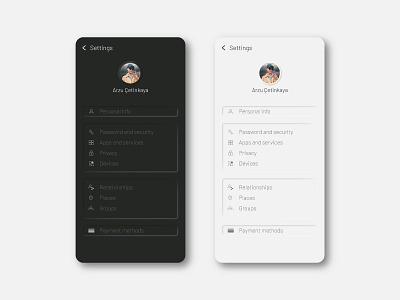 Daily UI Challenge 007 - Settings Page app daily ui dailyui dark theme dark ui light theme minimal minimalism minimalist neumorphic neumorphism settings ui uidesign ux uxdesign