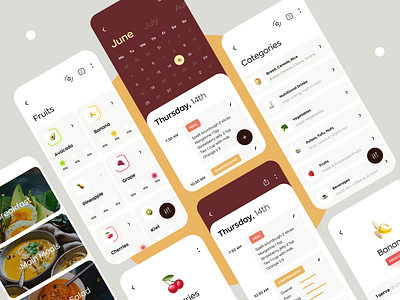 Nutrition and Diet Application calendar dashboard diary diet food graphics icons illustration interaction ios minimal mobile nutrition product design serving ui ux vegetables