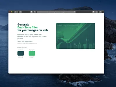 Dual Tone Generator background background design background image code code generator color color palette dualtone duotone duotones generator gradient gradient map hero hero image image image filter open source sag filter svg