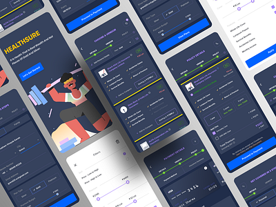 Health Insurance App (Dark Mode) app corona virus covid19 dark mode dark theme design flat health app health care health insurance illustraion minimal night mode ui uidesign ux