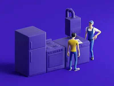Drapo styleframe 3d branding c4d character cooker design fridge illustration isometric isometry kitchen lamp livingroom octane purple sofa vector