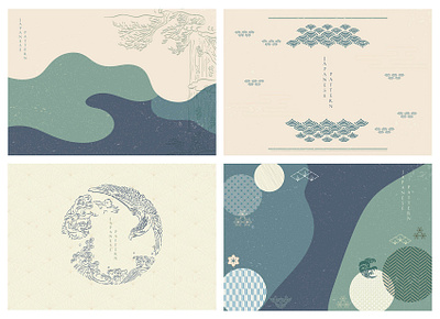 Japanese background with Asian icons vector.Hand drawn tradition abstract asian background banner bonsai card chinese eagle flower geometric handdrawn icon illustration japanese mountain pattern vector wave