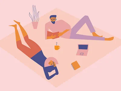 Quarantine couple book coronavirus couple covid 19 covid19 figures flat illustration home house illustration illustrator laptop living room man people phone quarantine vector woman