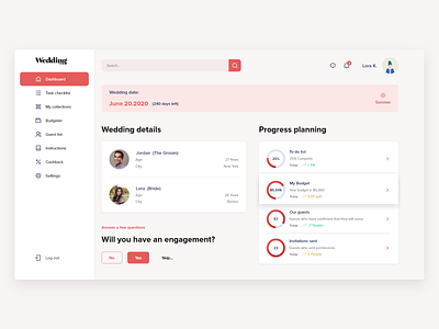The Wedding Dashboard adobexd awesome clean design colorful dashboad dayliui design dribbble inspiration logo madewithadobexd ui design ux design webdesign wedding