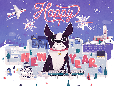 BU law holiday card boston boston terrier bridge cars fireworks holiday illustration landscape terrier trees