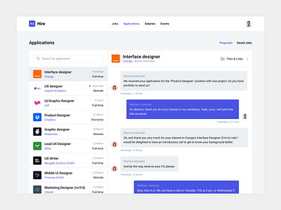 Job Search Platform - Applications application chat clean ui hire interface job search message messaging minimal platform product product design proposal recruiter recruiting search ux ui web design