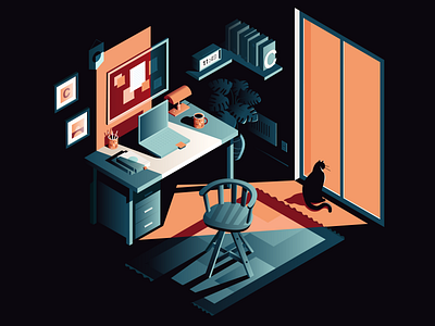 Copycat cat desk illustration isometric light office shadow vector