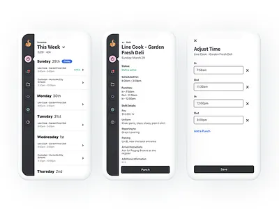 Scheduling Concept app clean ui ios material ui minimal design mobile app mobile app design mobile design schedule schedule app shifts time tracking ui ux white