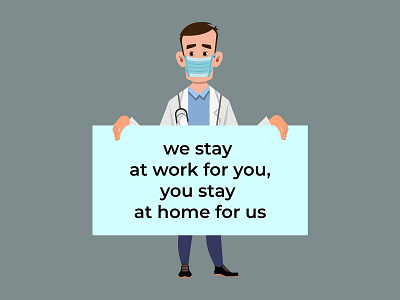 doctor holding poster requesting people avoid virus and covid-19 banner cartoon character character design doctor health illustration job person placard professional virus