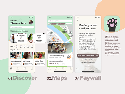 Designflows 2020 | Discover Pets app app design app icon bending spoons designflows designflows 2020 designflows2020 discover figma ios app maps paywall pet lover pets pets app ui uidesign ux uxdesign