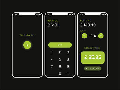 DailyUI 004 - Dark Mode Bill Splitting Calculator app appdesign bill bill calculator bill splitter calculator iphone meal mobile screens sketch ui uiux ux