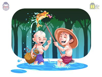 Little Fishers cartoon children cnceptual vector illustration colorful enjoyment fish fishing inspiration kids little mesh pond river vector