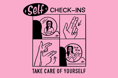 Self Check-Ins black comedy comic fingerguns humor illustration pink procreate type